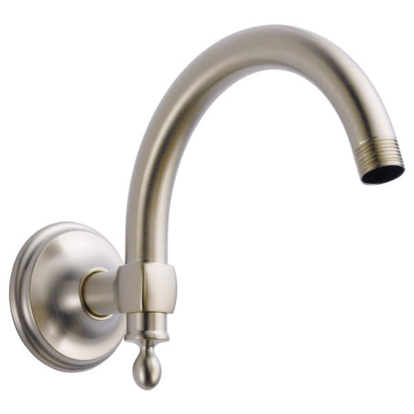 Brushed nickel wall-mounted shower arm with curved spout and circular flange, 10 inches long.