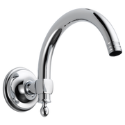 Chrome wall-mounted shower arm with curved spout and circular flange for wall attachment.