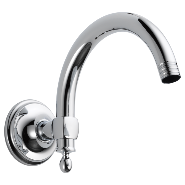 Chrome wall-mounted shower arm with curved spout and circular flange for wall attachment.
