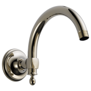 Polished nickel wall-mounted shower arm with curved spout and round flange plate.
