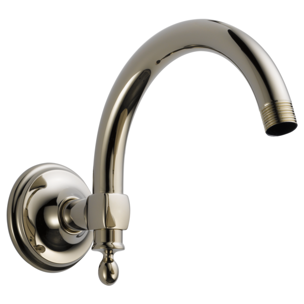 Polished nickel wall-mounted shower arm with curved spout and round flange plate.