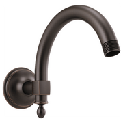Venetian bronze wall-mounted shower arm with curved spout and circular flange connector.