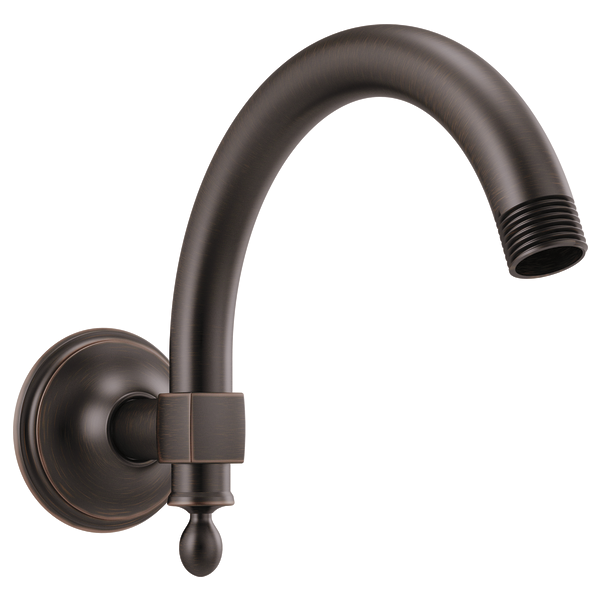 Venetian bronze wall-mounted shower arm with curved spout and circular flange connector.
