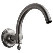 Luxe steel wall-mounted shower arm with circular flange and curved spout with threaded outlet.
