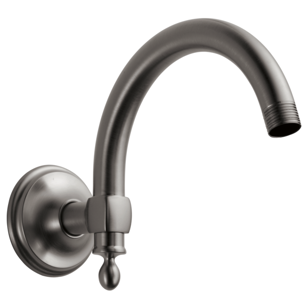 Luxe steel wall-mounted shower arm with circular flange and curved spout with threaded outlet.
