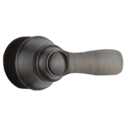 Metal lever handle with round escutcheon plate in dark bronze finish with aged copper accents.