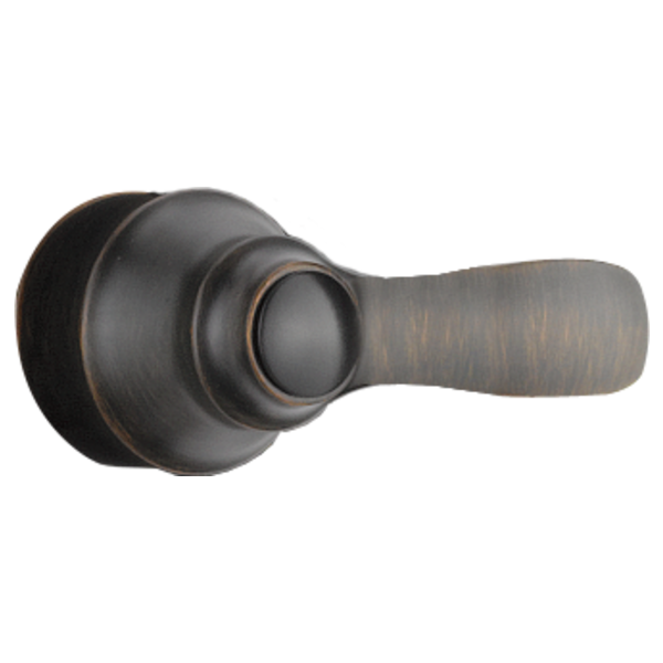 Metal lever handle with round escutcheon plate in dark bronze finish with aged copper accents.