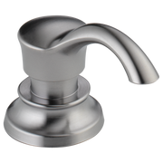 Stainless steel soap dispenser with curved spout and wide round base.
