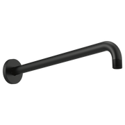 Matte black wall-mounted shower arm with circular flange and angled outlet fitting.