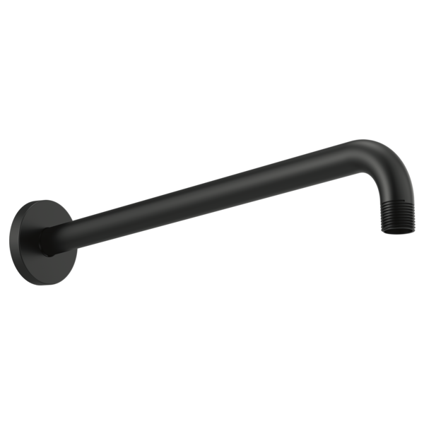 Matte black wall-mounted shower arm with circular flange and angled outlet fitting.