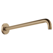 Luxe gold wall-mounted shower arm with round flange and 90-degree bend, approximately 16 inches long.