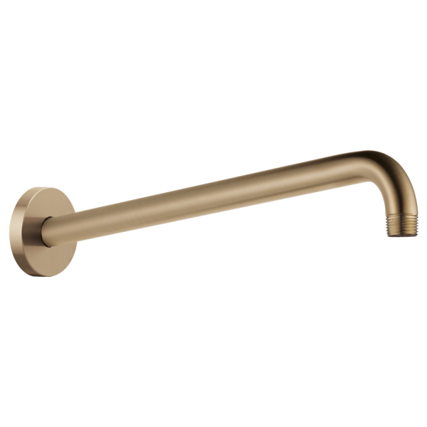 Luxe gold wall-mounted shower arm with round flange and 90-degree bend, approximately 16 inches long.