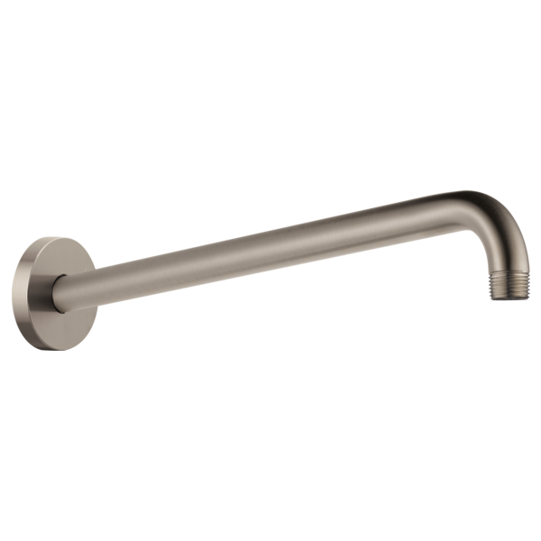 Brushed nickel wall-mounted shower arm with round flange and angled outlet connection.