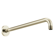 Polished nickel 16" linear round wall mount shower arm with circular flange and threaded outlet.