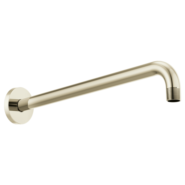 Polished nickel 16" linear round wall mount shower arm with circular flange and threaded outlet.