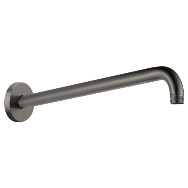 Luxe Steel wall-mounted shower arm with round flange and angled outlet connection.