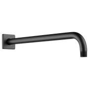 Matte black wall-mounted shower arm with square flange and curved spout ending in threaded connection.