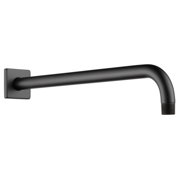 Matte black wall-mounted shower arm with square flange and curved spout ending in threaded connection.