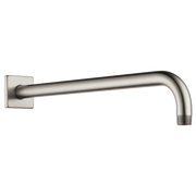 Brushed nickel 16-inch linear square wall-mount shower arm with matching flange and threaded end connection.