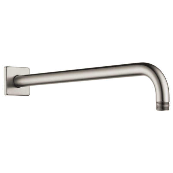 Brushed nickel 16-inch linear square wall-mount shower arm with matching flange and threaded end connection.