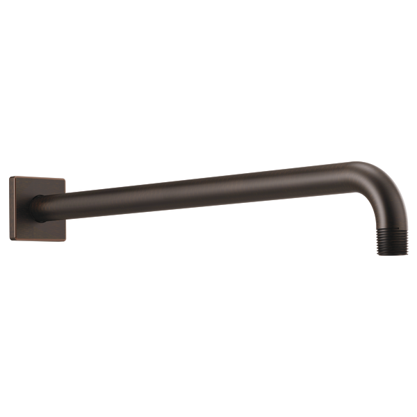 Venetian bronze wall-mounted shower arm with square flange and curved elbow connector extending horizontally.