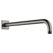 Luxe steel wall-mounted shower arm with square flange and angled spout ending in threaded connection.