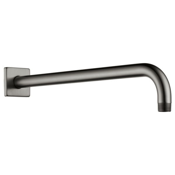 Luxe steel wall-mounted shower arm with square flange and angled spout ending in threaded connection.