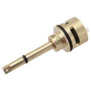 Brass diverter cartridge with cylindrical body, metal stem, black rubber seals, and text markings on central collar.