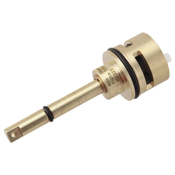 Brass diverter cartridge with cylindrical body, metal stem, black rubber seals, and text markings on central collar.