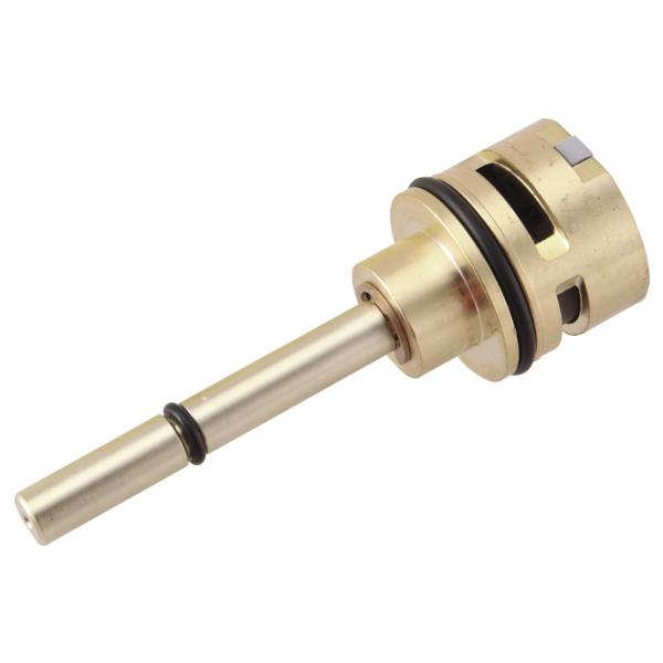Brass diverter cartridge with metal stem, black rubber seals, and cylindrical body with internal passages.