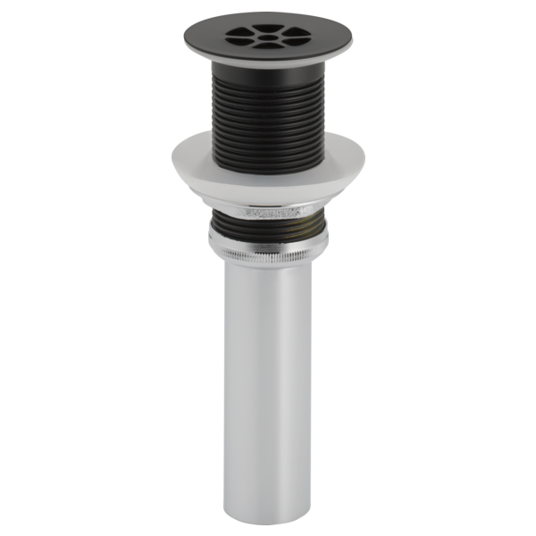 Matte black grid strainer with round perforated cap and threaded metal collar for sink drain installation.