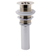 Brushed nickel grid strainer with perforated top, threaded metal body, and white plastic pipe component for sink drain instal
