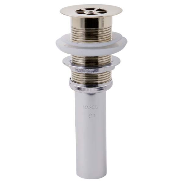 Brushed nickel grid strainer with perforated top, threaded metal body, and white plastic pipe component for sink drain instal