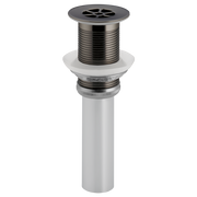 Black onyx grid strainer with threaded metal barrel and white sink drain body assembly.