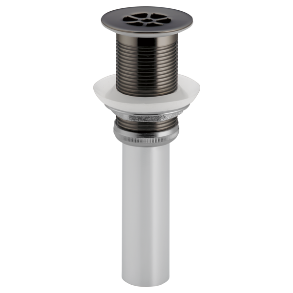 Black onyx grid strainer with threaded metal barrel and white sink drain body assembly.