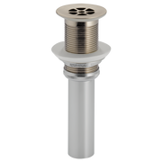 Nickel grid strainer with circular perforated top, threaded barrel, and cylindrical body for sink drain installation.