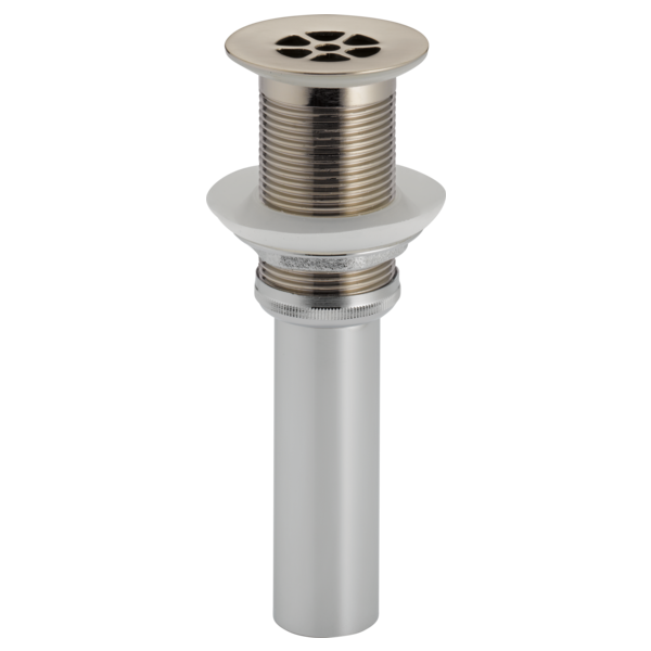 Nickel grid strainer with circular perforated top, threaded barrel, and cylindrical body for sink drain installation.