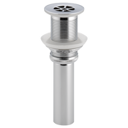 Chrome grid strainer with perforated top cap and threaded cylindrical body for sink drain installation.