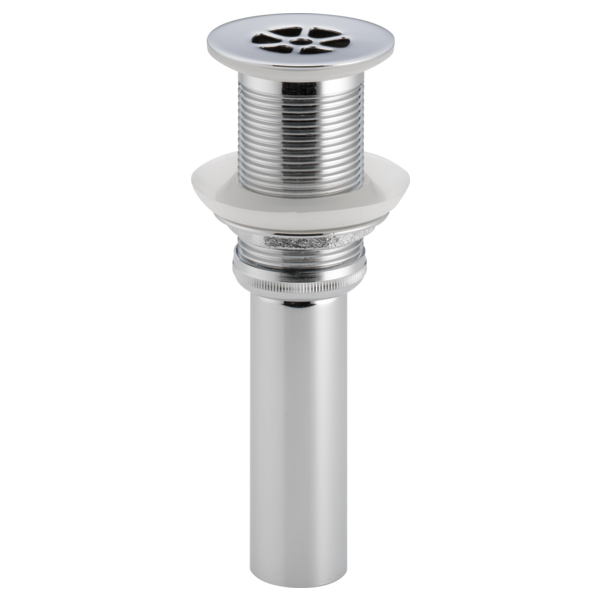 Chrome grid strainer with perforated top cap and threaded cylindrical body for sink drain installation.