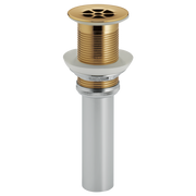 Polished gold grid strainer with white rubber gasket and threaded metal body for sink drain installation.