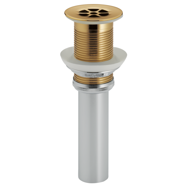 Polished gold grid strainer with white rubber gasket and threaded metal body for sink drain installation.