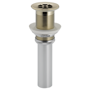 Polished nickel grid strainer with circular perforated top, threaded barrel, and white rubber seal for sink drain installatio