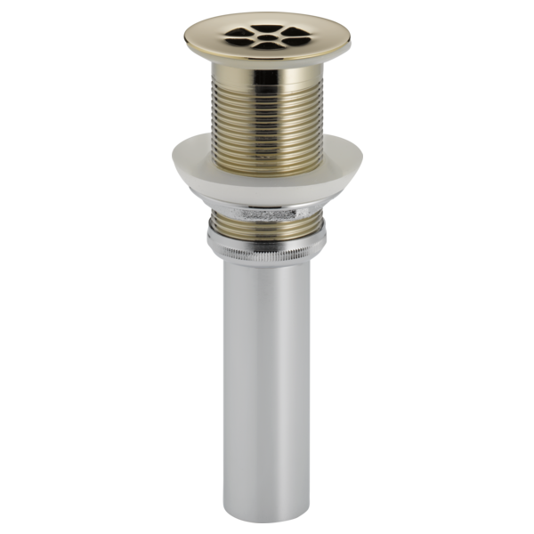 Polished nickel grid strainer with circular perforated top, threaded barrel, and white rubber seal for sink drain installatio