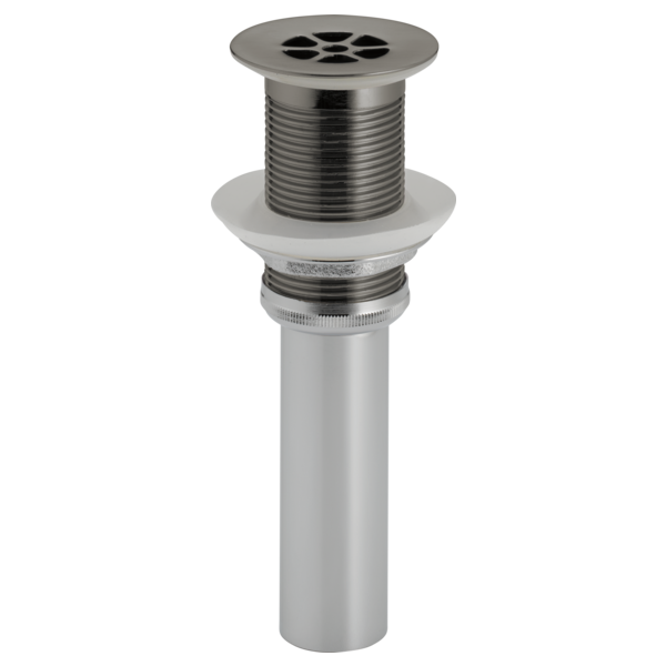 Brushed steel sink strainer with grid pattern top and threaded cylindrical body for drain installation.