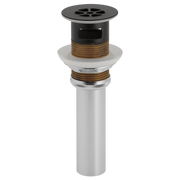 Matte black grid strainer with overflow, featuring a cylindrical chrome body and brass internal components.