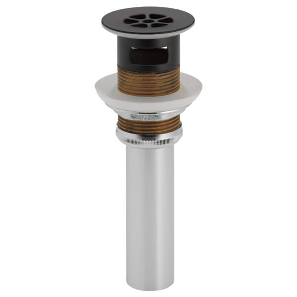 Matte black grid strainer with overflow, featuring a cylindrical chrome body and brass internal components.