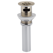 Brushed nickel grid strainer with overflow and threaded connection for sink drain installation.