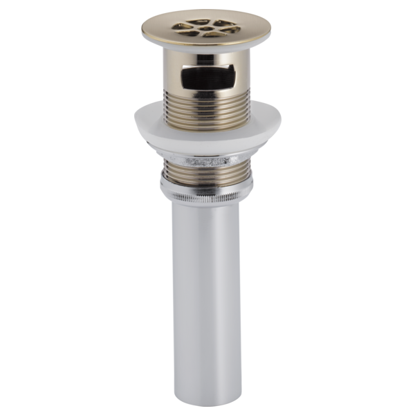 Brushed nickel grid strainer with overflow and threaded connection for sink drain installation.