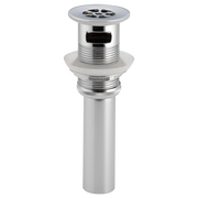 Chrome grid strainer with overflow for bathroom sink drain, featuring circular perforated top and threaded cylindrical body.
