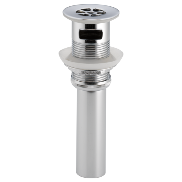 Chrome grid strainer with overflow for bathroom sink drain, featuring circular perforated top and threaded cylindrical body.